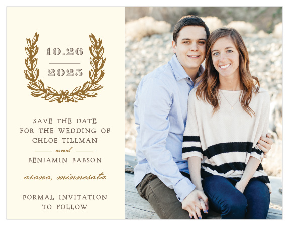 Personalize your engagement photo with the vintage wreath of the Charming Woods Save-the-Date Cards.