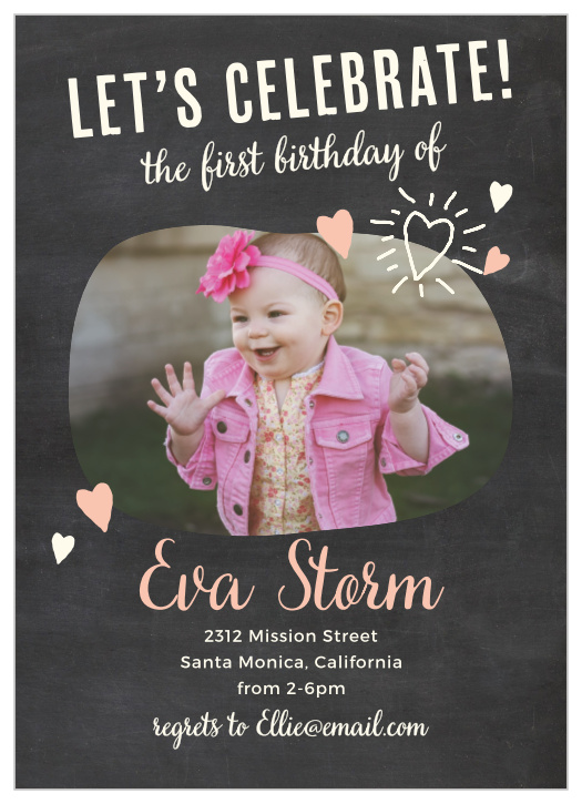 Add your son’s photo to the bean-shaped frame of the Fun Times Girl First Birthday Invitations. 