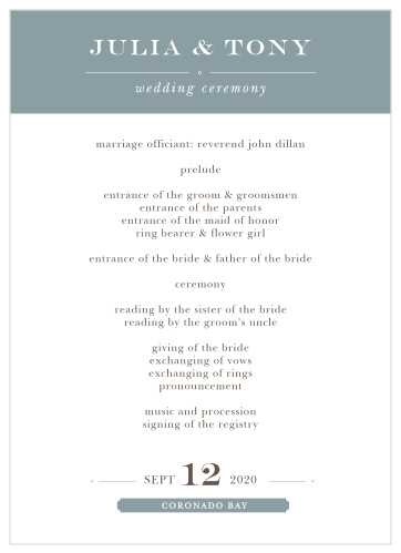 Organize your ceremony with the sleek design of the Double Exposure Wedding Programs. 