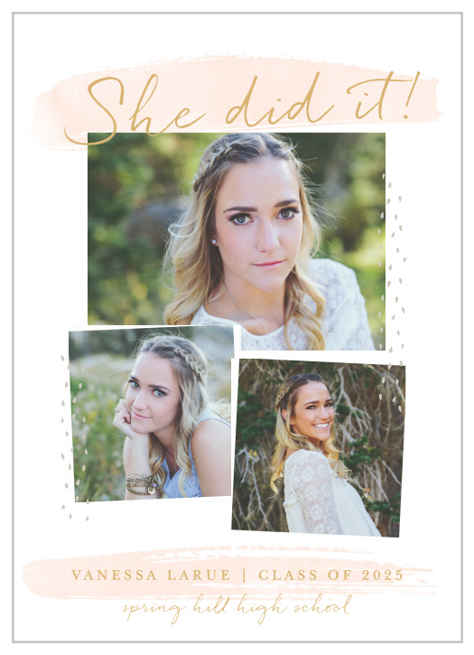Stack three of your best grad shots on the Scrapbook Memories Foil Graduation Announcements.