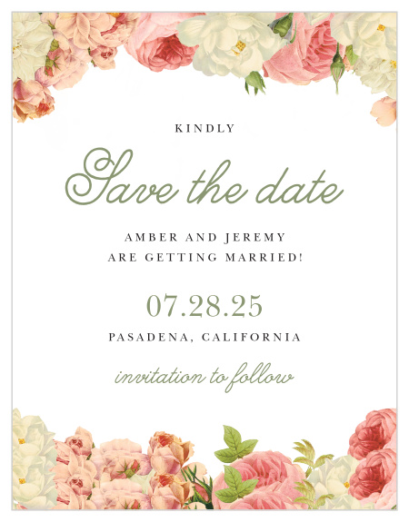 Vintage flowers crown the top and line the bottom of the Alluring Florals Save-the-Date Magnets. 