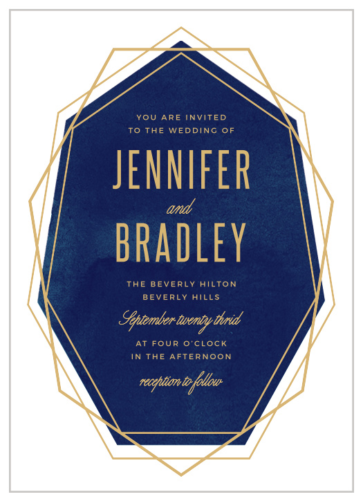 Customize the cool angles and soft watercolor background of the Divinely Modern Foil Wedding Invitations.