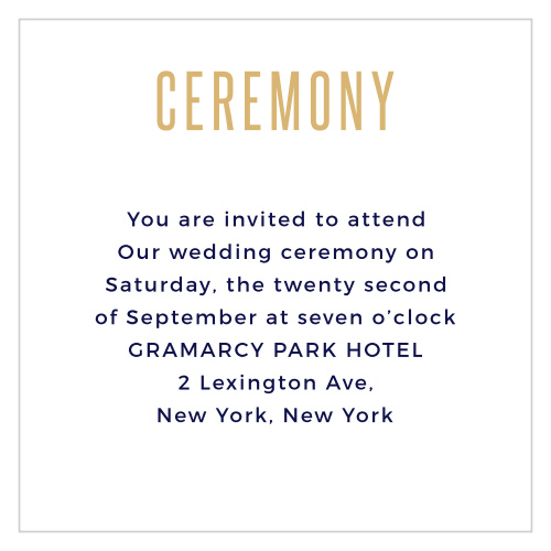 Create simple invites to your wedding ceremony with the Divinely Modern Foil Ceremony Cards. 