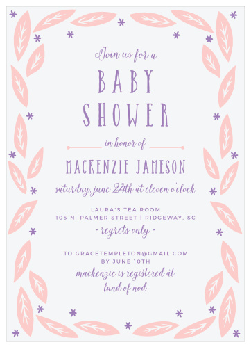 Whimsical flowers frame the Garden Leaves Girl Baby Shower Invitations. 