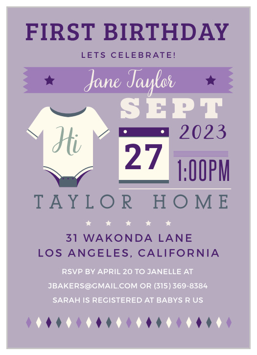 Create fun invites to your daughter’s first birthday party with the Illustrated Info Girl Birthday Invitations.