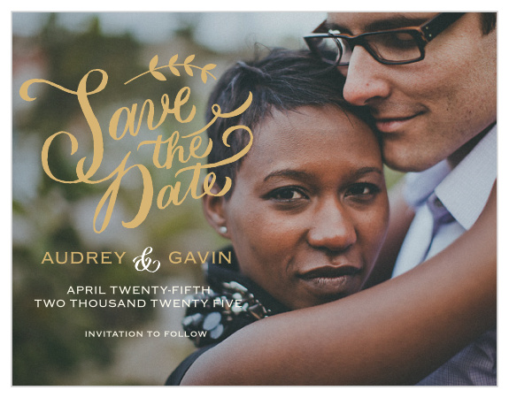 Beautiful calligraphy accented by a vine adds whimsical charm to the Lovely Lettering Foil Save-the-Date Magnets.