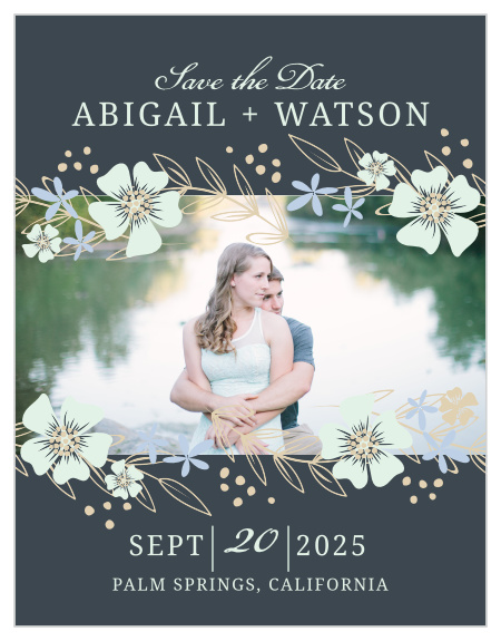 Whimsical flowers frame your engagement photo on the Radiant Garden Save-the-Date Cards.