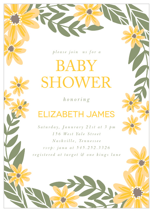 Bright flowers surround your text on the Sunny Flowers Baby Shower Invitations. 