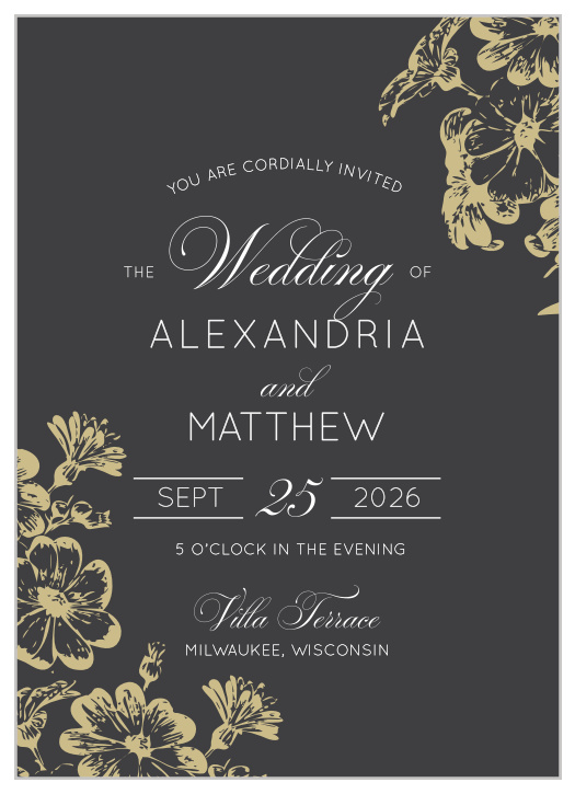 Beautiful flowers grace the corners of the Vintage Blooms Wedding Invitations.