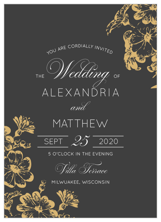 Beautiful flowers grace the corners of the Vintage Blooms Foil Wedding Invitations. 