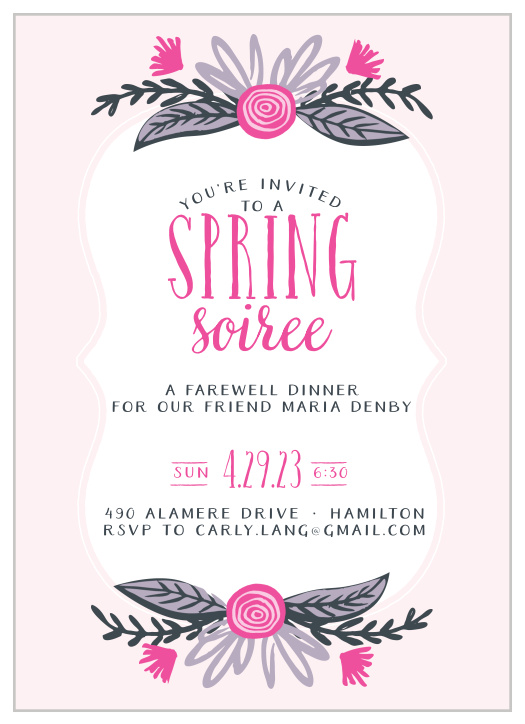 Sweet florals decorate the top and the bottom of a scallop frame on the Spring Soiree Celebration Invitation. 