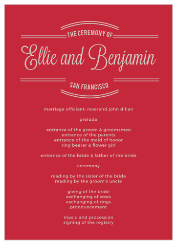 Design programs as elegant as a song with the Rhapsody in Red Wedding Programs. 