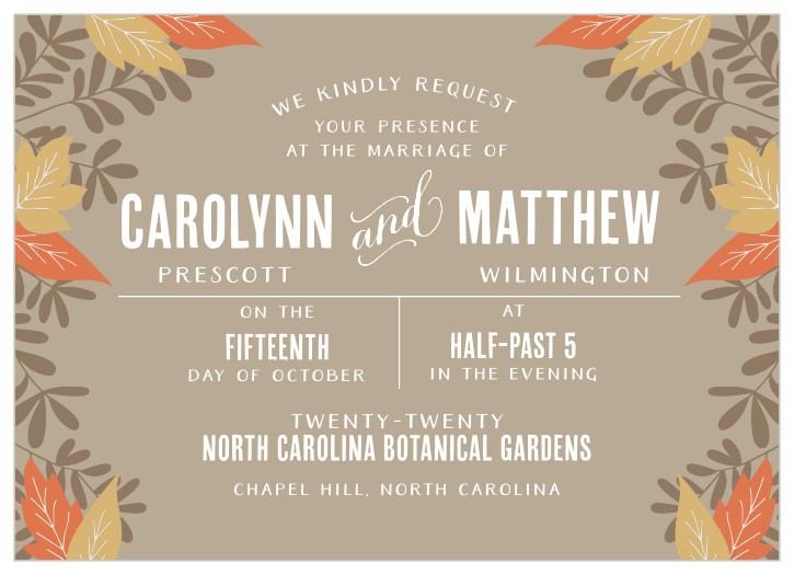 Illustrated leaves decorate the sides of the Autumn Leaves Foil Wedding Invitations. 