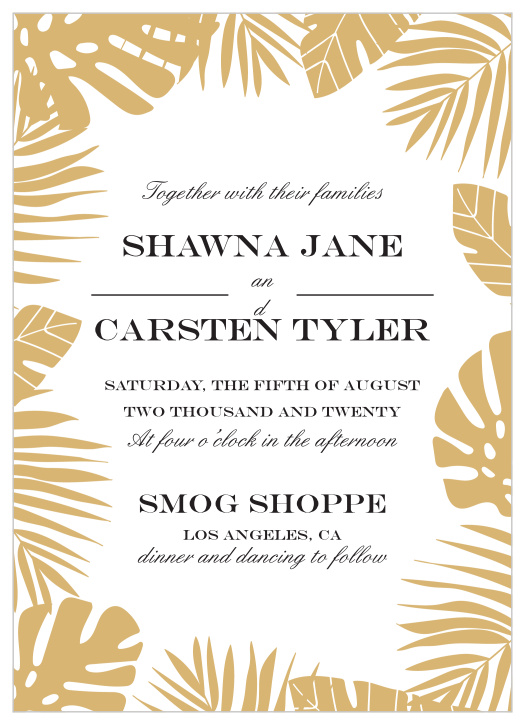 Various summery foliage creates a border for the Tropical Palm Foil Wedding Invitations. 