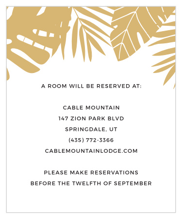 Help guests plan for your summertime wedding with the Tropical Palm Foil Accommodation Cards.