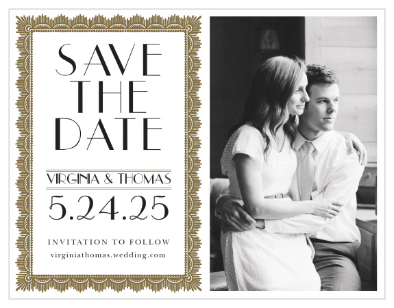 Dress your wedding details in the vintage class of the Roaring Twenties Save-the-Date Cards. 