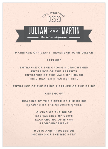 All Aboard for the wedding of your dreams! The All Aboard Wedding Programs, with their stylish ribbon and arched header, are a beautiful way to outline the events of your special day.