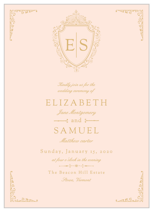 A luxurious badge containing your initials tops the Scrolling Monogram Foil Wedding Invitations. 