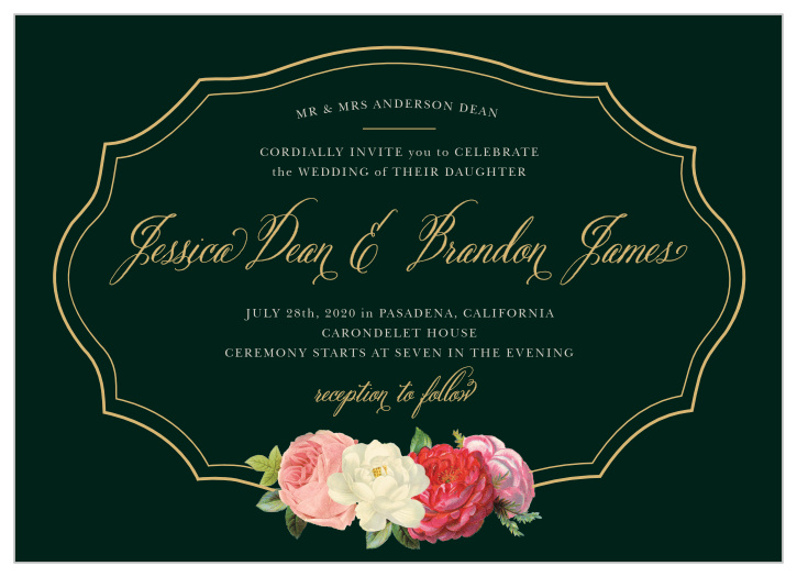 Framed by a duo of thin, gold foil lines that add an impression of depth, and on a background of eucalyptus green, our Vintage Florals Foil Wedding Invitations are a beautifully simple card for a simply beautiful day.