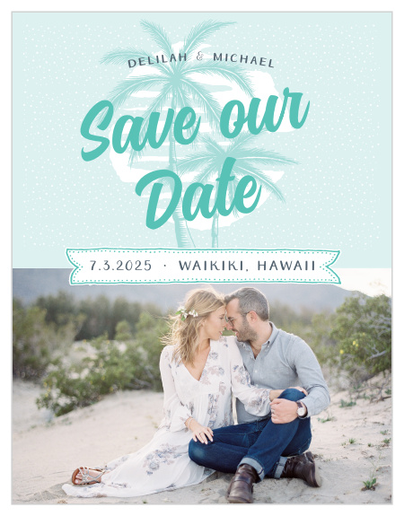 Delicate palm trees sit atop a picture of you and your loved on the Modern Beachside Save-the-Date Magnets.