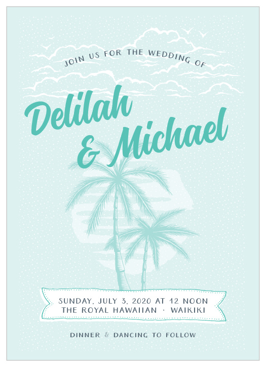 Delicate beach scene compliments the Modern Beachside Wedding Invitations.