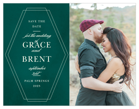 Vertically stretched hexagons frame the text of our Deco Love Save-the-Date Magnets.