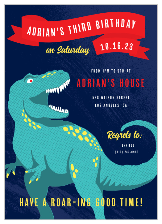 Enjoy a Roaring good time with this the Roaring Rex Children's Birthday Party Invitations.