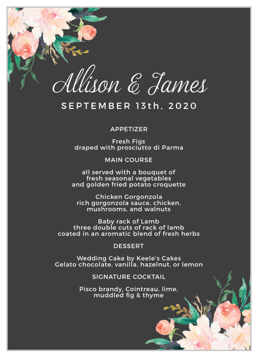 Beautiful flowers accent the corners of the Blossoming Love Wedding Menus. 