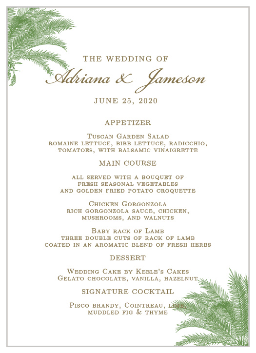 Exotic palm trees accent the corners of the Caribbean Palm Wedding Menus.