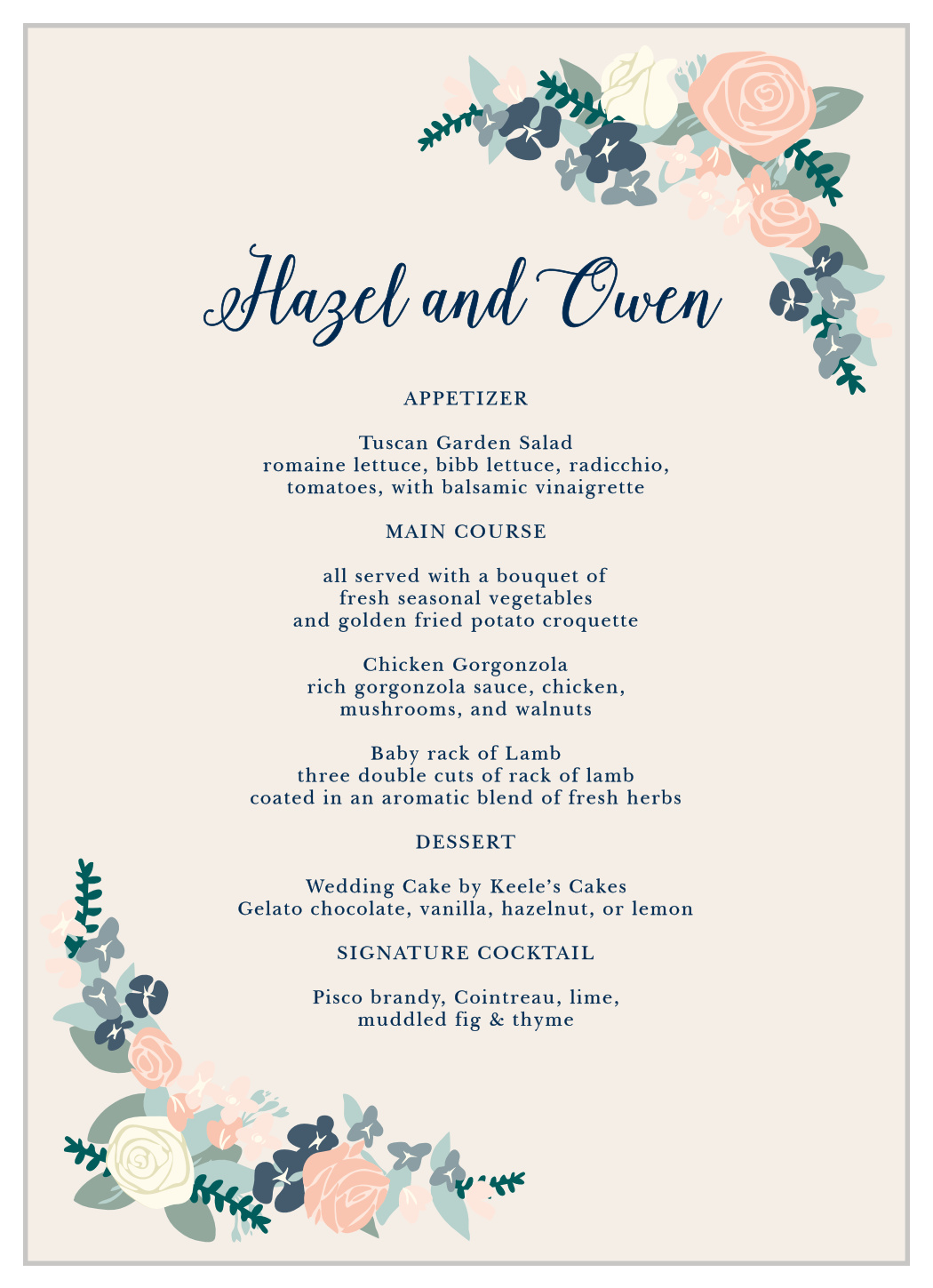 Illustrated Corner Wreath Wedding Menus