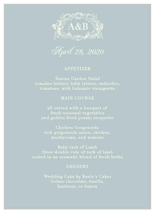 Lay out your dinner options with the elegant design of the In Cursive Wedding Menus.