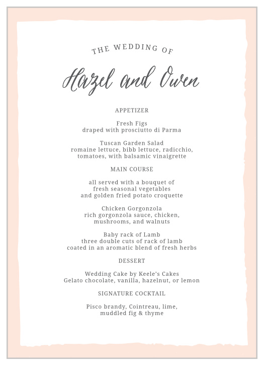 Beautiful strokes of soft color frame the Painted Border Wedding Menus.