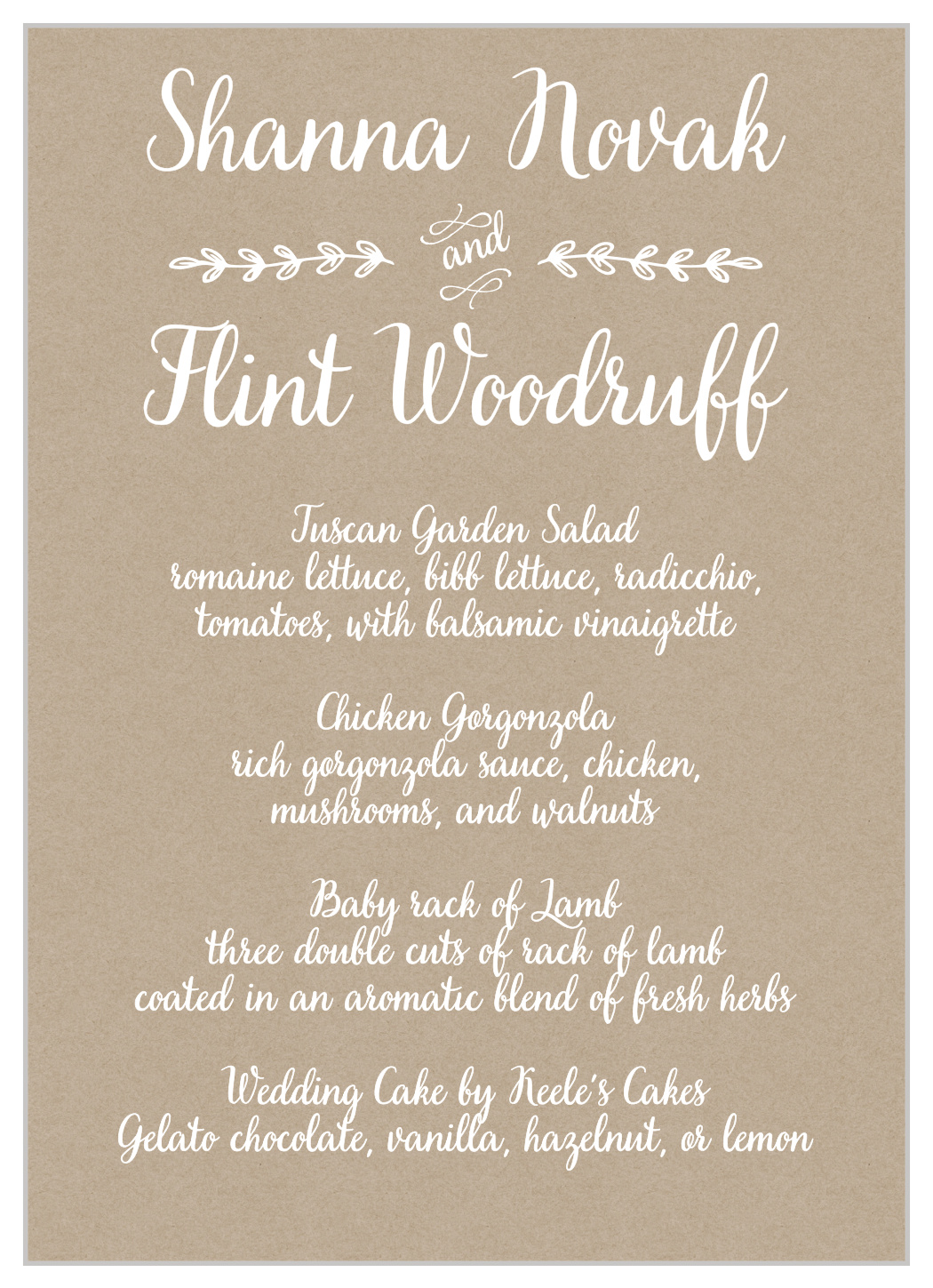 Rustic Country Wedding Menus