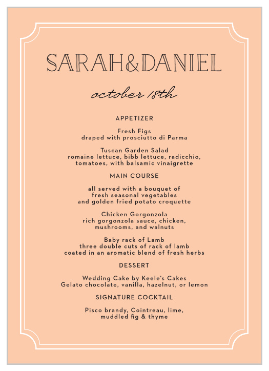 Lay out your dinner options in vintage style with the Type Frame Wedding Menus. 