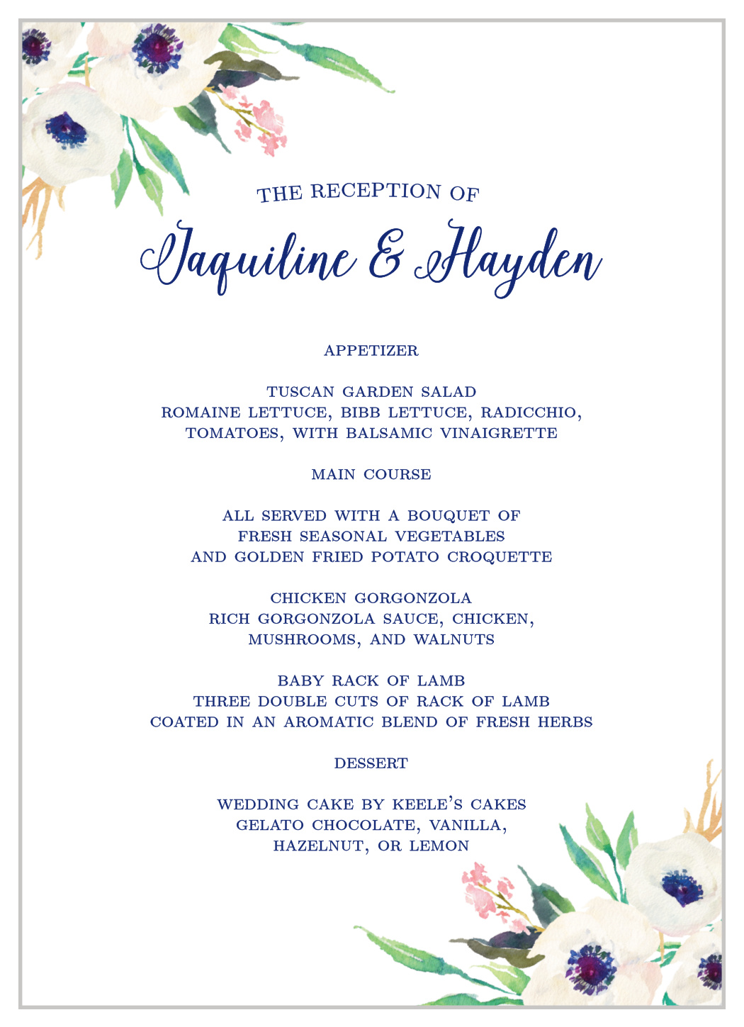 Watercolor Anemone Wedding Menus