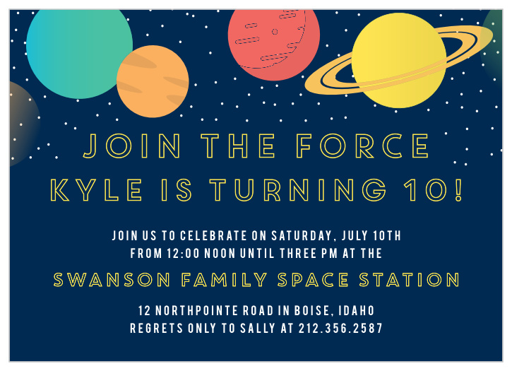 Invite your friends to your Out of This World space party with the Join the Force Children's Birthday Party Invitation.