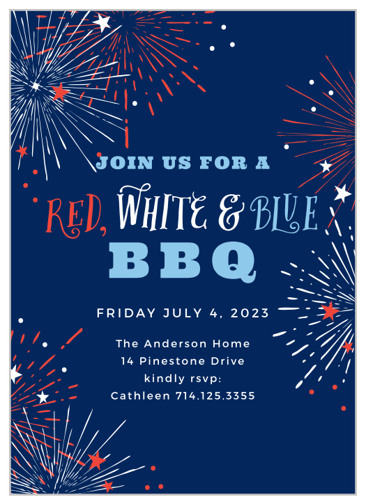 Light bursts all over the Fantastical Fireworks Independence Day Party Invitations.