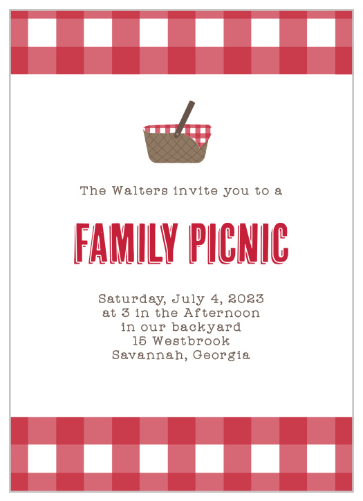 A gingham background similar to a tablecloth gives the Family Picnic Party Invitation a homey feel. 