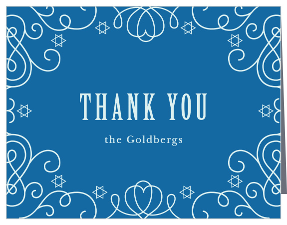 Elegant swirls and stars frame your text on the Sacred Seder Party Thank You Cards.