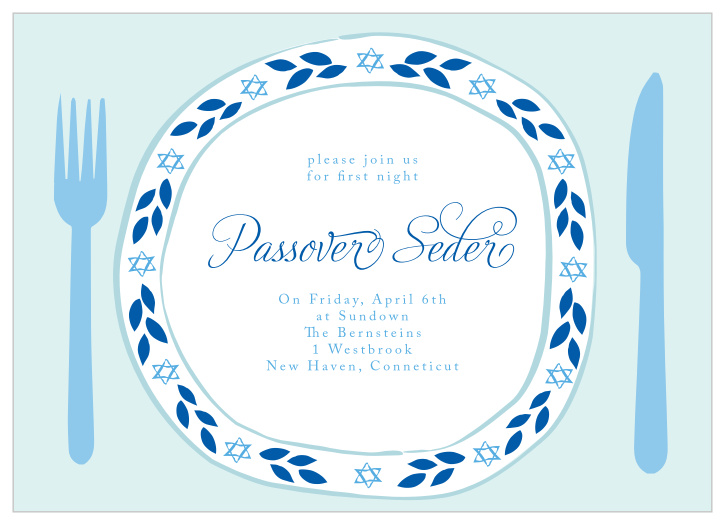 The Passover Plate Passover Invitations’ festive design is completely customizable.