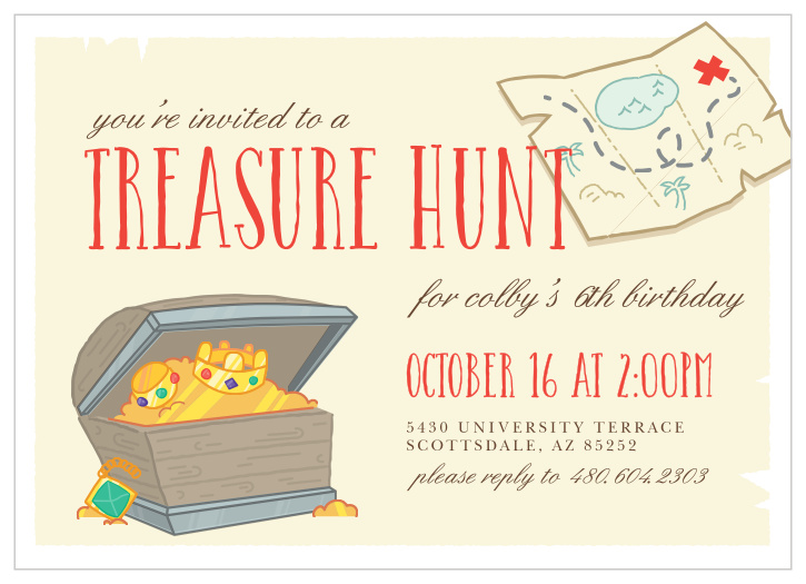Adventure ahead! Tantalize your guests with the prospect of treasure with the Treasure Hunt Children's Birthday Party Invitation!