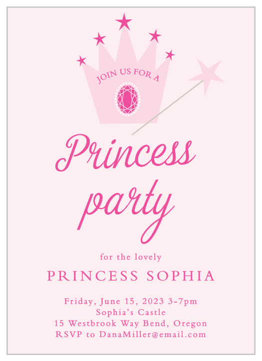 The Pretty Princess Children's Birthday Party Invitations has a beautiful tiara that you can add a splash of color that makes a simple yet perfect design for any guest to know about your Princess's party!