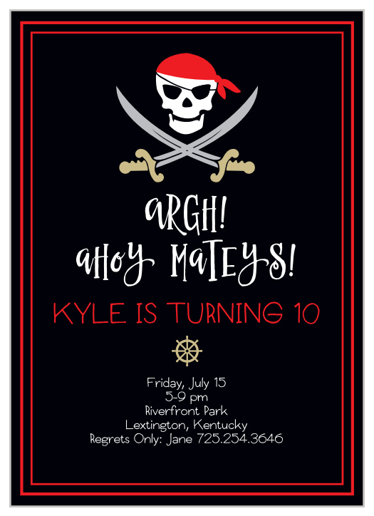 Avast! Let your guests know about the adventures they will have with the Pirate's Plunder Children's Birthday Party Invitation.