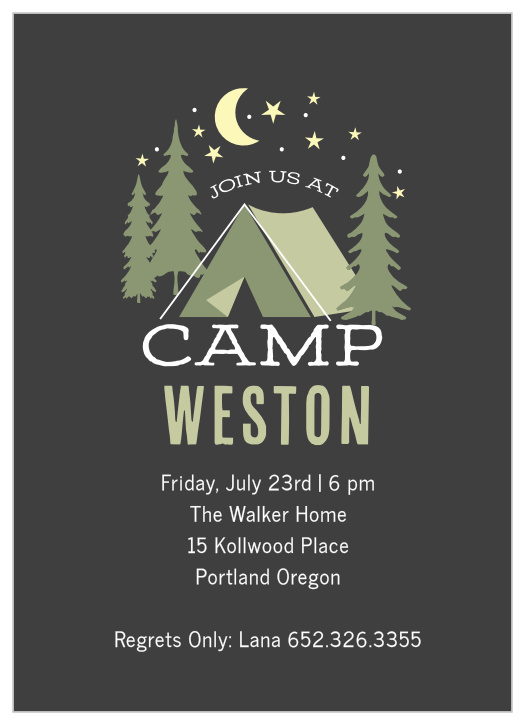 The Cascades Camping Children's Birthday Party Invitation is a cute camping-themed design, features an outdoor tent, trees, and the night sky.
