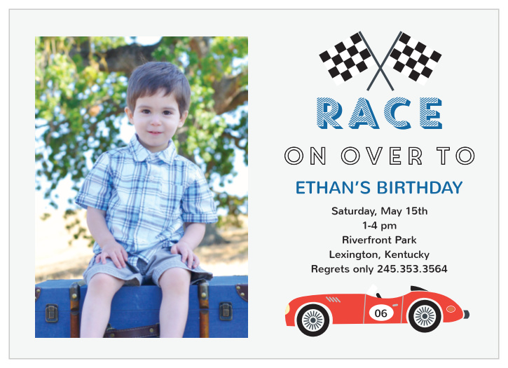 Show off your little racer with the Raucous Raceway Photo Children's Birthday Party Invitations.