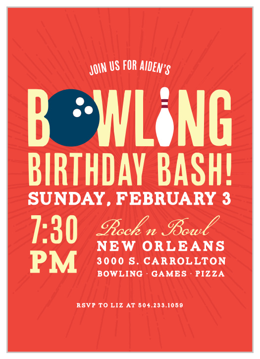 The Bowling Bash Children's Birthday Party Invitation is a fun bowling themed invitation featuring a bowling ball and pin incorporated into the text and your choice of typography.