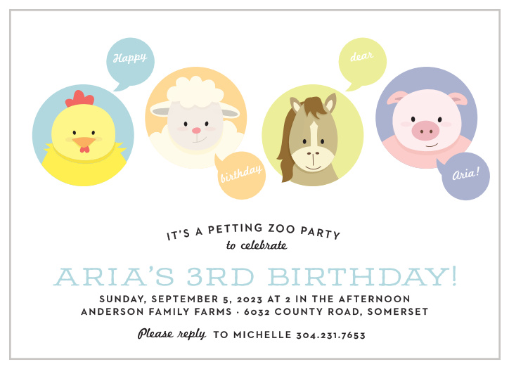 Colorful animals decorate the Farm Frenzy Children's Birthday Party Invitations. 