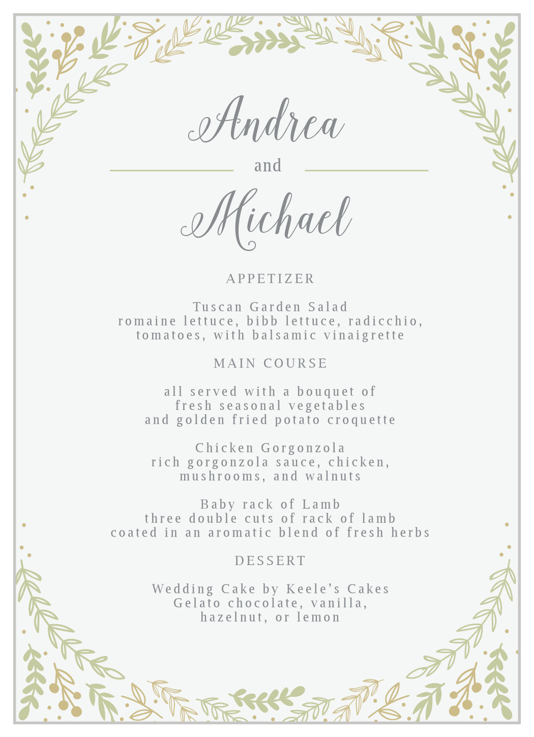 Romantic Evergreen Wedding Menus