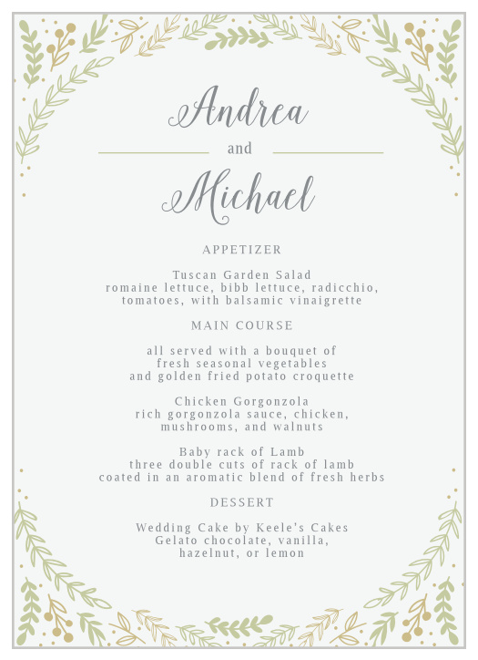 Romantic Evergreen Wedding Menus
