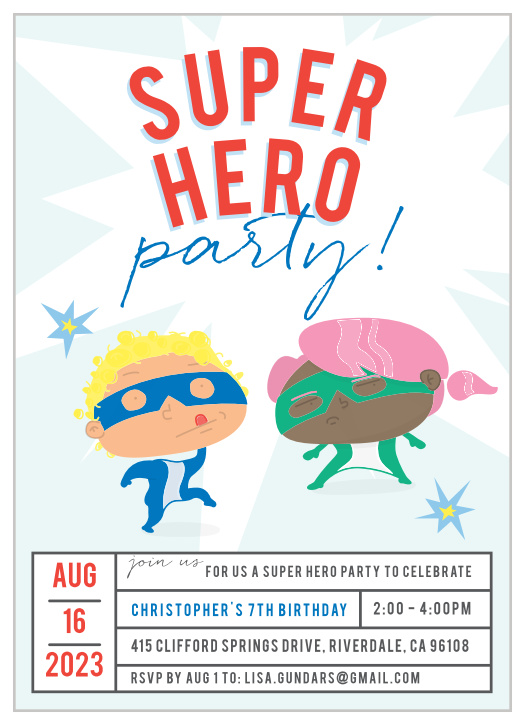 Calling all Super Heroes! Show off your super powers with the Super Hero Children's Birthday Party Invitation!